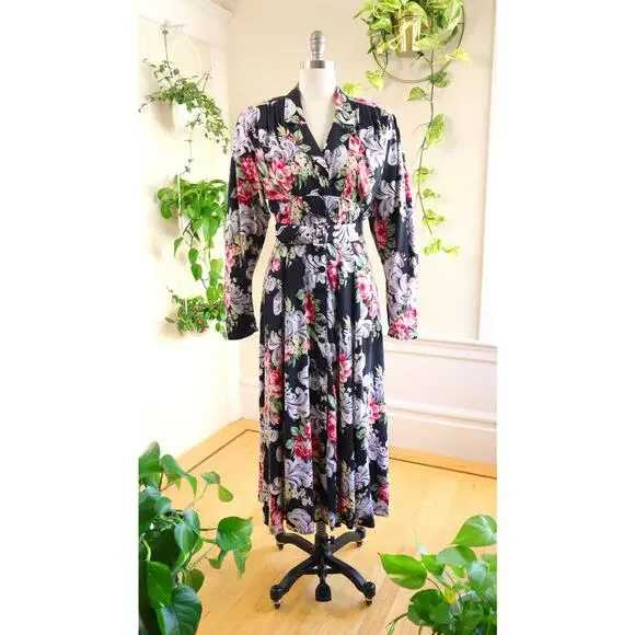 Vintage 1980s Shirt Dress 80s KAREN ALEXANDER Floral Black Maxi Shirtwaist
